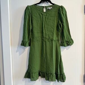 Reformation Polka Dot Mini Dress Green Ruffled Hem Button Back Zip Sz 10